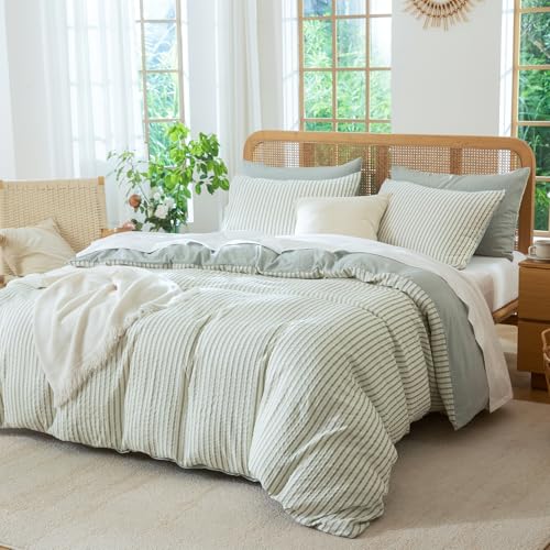 BUPIRD Sage Green Queen Size Comforter Set Striped 100% Soft Washed Microfiber Jacquard 3 Pieces Striped Bedding Sets Green White Comforter Queen for All Seasons and 2 Pillowcases Comfort Breathable BUPIRD
