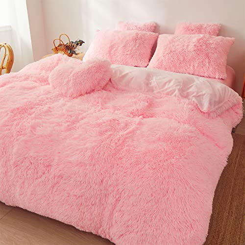 FOPPA Fluffy comforters Cover Twin Size - Ultra Soft Plush Pink Bedding Sets 2 Pieces (1 Faux Fur Comforter Cover + 1 Fuzzy Pillow case) Girls Shaggy Pink Twin Bed Set (Light Pink, Twin) FOPPA
