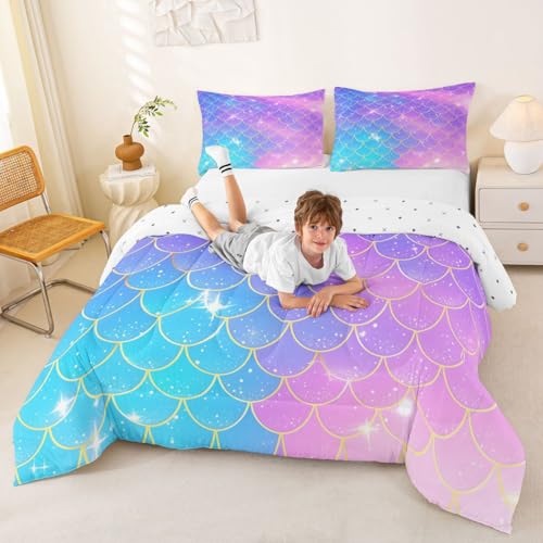 Feelyou Mermaid Scales Comforter Fish Scales Print Comforter Set for Girls Ocean Marine Themed Nature Bedding Set Purple Blue Room Decor Twin Size Duvet Set 2Pcs Boys Feelyou