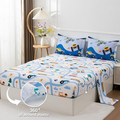 A Nice Night 5Pcs Bed in A Bag Cartoon Cartoon Car Kids Comforter Set Construction Bedding Set, Race Car Motorcycle Truck Pickup Printed, Twin,Dark Blue A Nice Night
