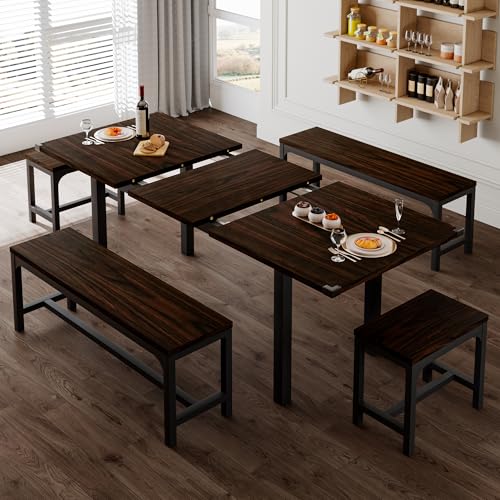 Feonase 5-Piece Dining Table Set for 4-8 People, 63" Extendable Kitchen Table Set with 2 Benches and 2 Square Stools, Dining Room Table with MDF Wood Board, Easy Clean, Dark Brown Feonase