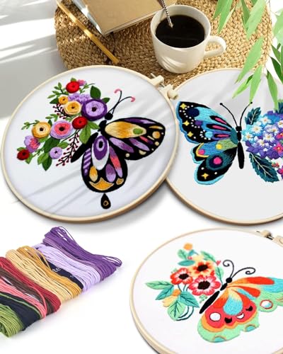 FREFTA 3 Pack Butterfly Embroidery kit for Beginners to Advanced, Floral Hand Embroidery & Cross Stitch mini Tool Kit with Stamped Patterns, Hoop, Threads & Needles, DIY Starter Kit with Instructions
