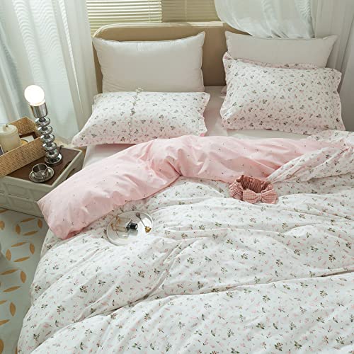 Floral Girls Duvet Cover Full Size 100% Cotton Pink Floral Duvet Cover Chic Garden Style Botanical Flower Bedding Set Lightweight Soft Aesthetic Floral Comforter Cover with 2 Pillowcases, No Comforter LifeTB