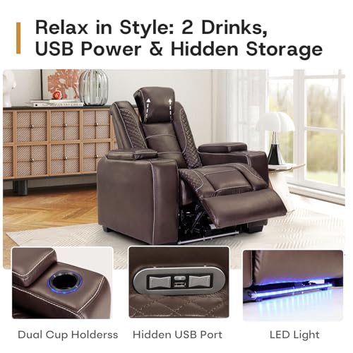 ANJ Power Home Theater Seating Set of 2, Faux Leather Electric Recliner Chair with Adjustable Headrest, Dual Motors Movie Reclining Chairs with LED Lights,USB Port,Cup Holders, Hidden Arm Storage
