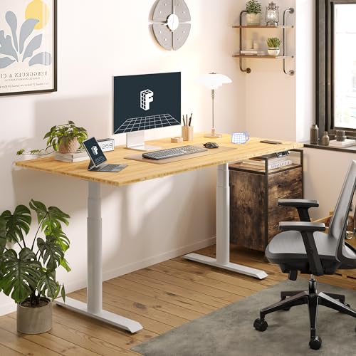 FLEXISPOT E6 Pro Oval Leg Dual Motor 3 Stages Bamboo Electric Standing Desk 55x28 Inch Whole-Piece Board Height Adjustable Electric Sit Stand Up Desk (White Frame + Bamboo Desktop) FLEXISPOT