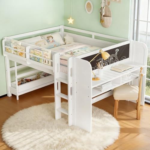 Bellemave Full Loft Bed with Storage Boxes and Bookshelves, Solid Wood Kids Loft Bed with Desk and Blackboard, Low Loft Beds Frame for Kids, Girls, Boys, Childlike Design, White Bellemave