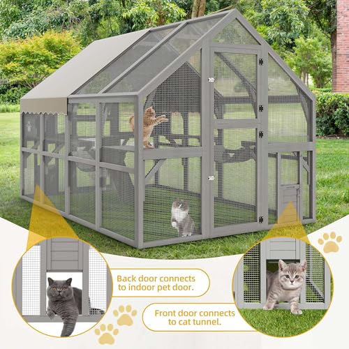 DWVO Extra Large Catio Outdoor Cat Enclosure, 110 inch Outside Cattery with Weatherproof Roof, Cat Scratcher Ramp, Cat Space Capsule Bed, 2 Bridges, 2 Resting Houses, 7 Platforms DWVO