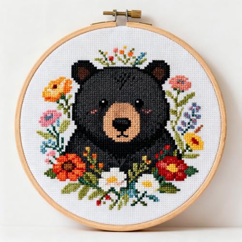 DIY Cross Stitch Kits Black Bear in Flowers Easy for Beginners 11CT Stamped Counted Cross Stitch with Hoop Needlepoint Embroidery Set Craft Wall Decor 20x20cm
