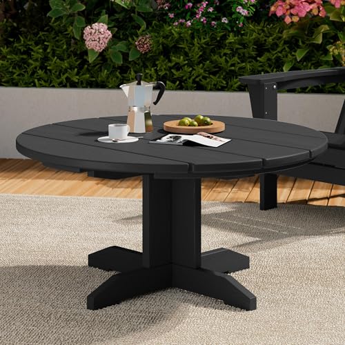 SERWALL Outdoor Coffee Table, HDPE Patio Round Coffee Table for Balcony, Garden, Backyard (Black) SERWALL