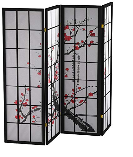 Roundhill Furniture Black Japanese 4-Panel Screen Room Divider, Plum Blossom Roundhill Furniture