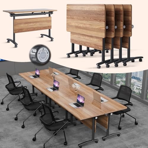 Folding Conference Room Tables with Wheels,Mobile Conference Table with Wooden Tabletop,Modular Training Tables Space Saving,Large Rolling Table for Office Classroom Meeting Room (4, Walnut, 55.1in) SOIUDNEB