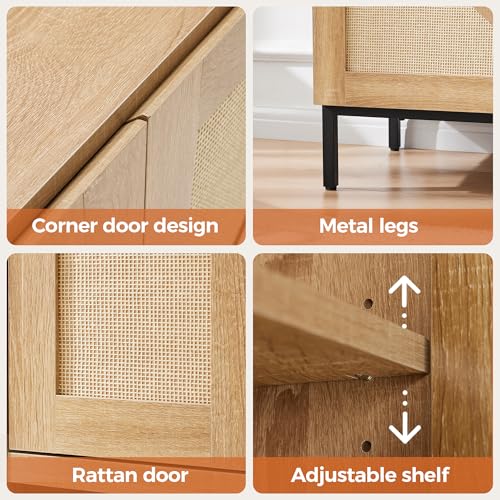 Mericonia Buffet Cabinet with Storage, Sideboards 2 Doors with Metal Base and Adjustable Shelf for Kitchen, Coffee Bar, Entryway, Hallway,Living Room (Rattan Buffet Cabinet, Natural) Mericonia