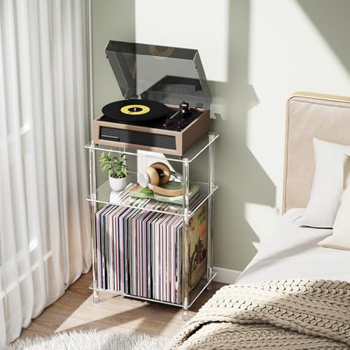 Bekugee Clear Acrylic Record Player Stand with Vinyl Storage, 15.75" L x 11.81" W x 24.5" H, 3 Tier Small Side Turntable Table with Album Shelf, Modern Bedside End Table for Living Room, Bedroom Bekugee