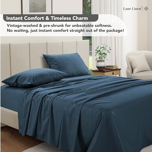 LANE LINEN 100% Cotton Twin Sheet Set – Pre-Washed Cooling Sheets in Soft Percale Weave for Restful Sleep, Fade Resistant Everyday Comfort, Fully Elasticized 15” Deep Pocket, No Pill – Estate Blue LANE LINEN