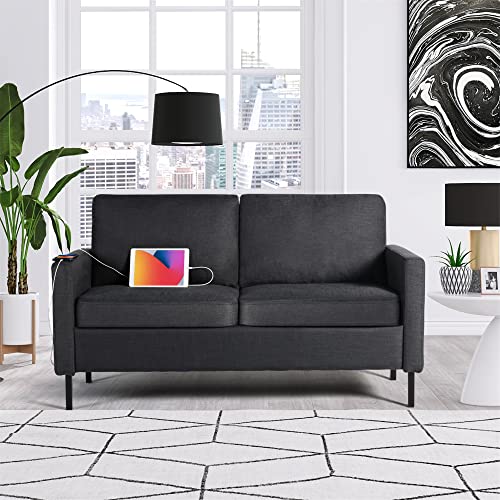 STHOUYN 56" W Fabric Loveseat Sofa with 2 USB, Small Couches for Living Room, Bedroom, Office, Easy Assembly & Comfy Cushion, Dark Grey STHOUYN