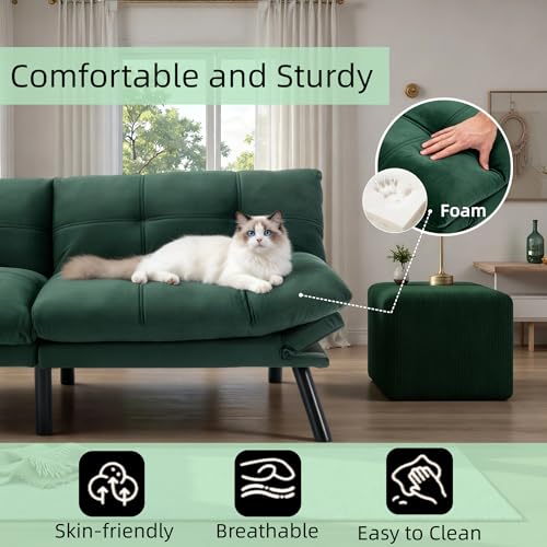 JvFun 71-inch Microfiber Upholstered Futon Sofa Bed - 2 Seats, Adjustable Arms/Back, Iron Legs | Convertible to Sleeper for Main Living Spaces, Bedrooms, Offices (Emerald +2Seat) JvFun