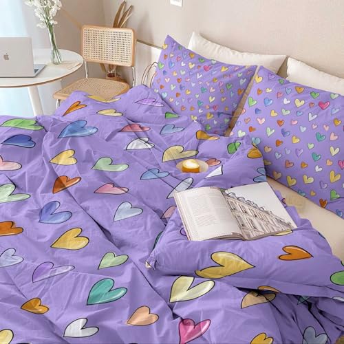 Double-Sided Printed Bedding with Minimalist Loving Romantic - Ultra-Soft Microfiber Duvet Cover Set Single Durable Zipper Closure, Comfortable Quilt Cover for Bedroom Décor Purple Generic