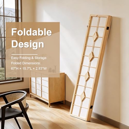 Shoji Room Divider, 67 Inch Tall Japanese Style Room Divider, Folding Privacy Shoji Screen, Dividers for Room Separation, Portable Partition for Home Office - 4 Panel (White) ZFFURN