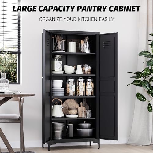 Metal Storage Cabinet with Doors and Shelves,Metal Pantry Cabinet,Black Craft Storage Cabinet,Ventilated Pantry Storage Cabinet,Tall Large Closet Cupboard for Home,Kitchen,Dining/Living/Laundry Room SISESOL