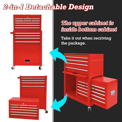 Kirmosal 13 Drawers Rolling Tool Chest with Wheels,Large Capacity Tool Storage Cabinet with Removable Top Toolbox, Locking Mechanical Tool Cart with Liner,Suitable for Garages, Warehouses-red Kirmosal