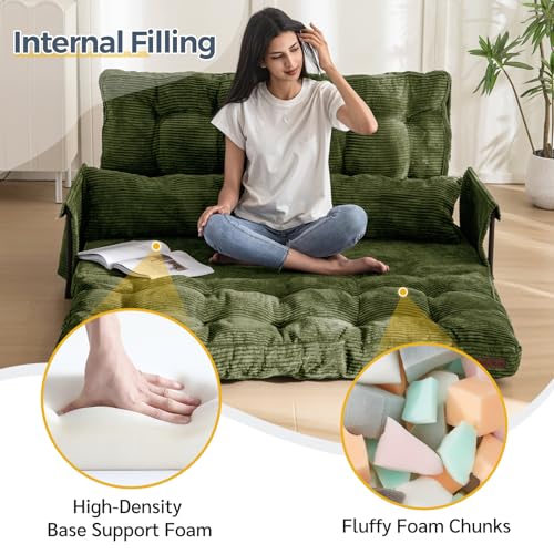 MAXYOYO Adjustable Floor Sofa Couch with 2 Pillows, Multi-Functional Bean Bag Bed, 5-Position Foldable Lazy Sofa Sleeper Bed with Armrest, Versatile Floor Seating for Reading, Dark Green, Double MAXYOYO