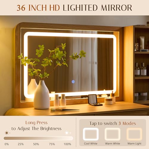 wow97e 50" Makeup Vanity Desk with 35.43" Mirror and Lights, Large 5 Drawers Makeup Table with Adjustable Shelves and Charging Station, 3 Lighting Modes for Women and Girls, Bedroom or Dorm, Natural wow97e