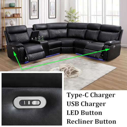 SIENWIEY Power Recliner Sectional Couch for Living Room,Leather Reclining Sectional Sofa with LED Lights, L Shpaed Corner Leather Couch with Storage Console&Cup Holders&USB Charging,Black