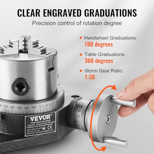 VEVOR Rotary Table for Milling Machines, 4''/ 100 mm, Horizontal Vertical Model Precision Milling Rotary Table, with 3.1''/80 mm 3-Jaw Chuck M10 T-Bolts Nuts, for Milling Engineering Indexing Tools VEVOR