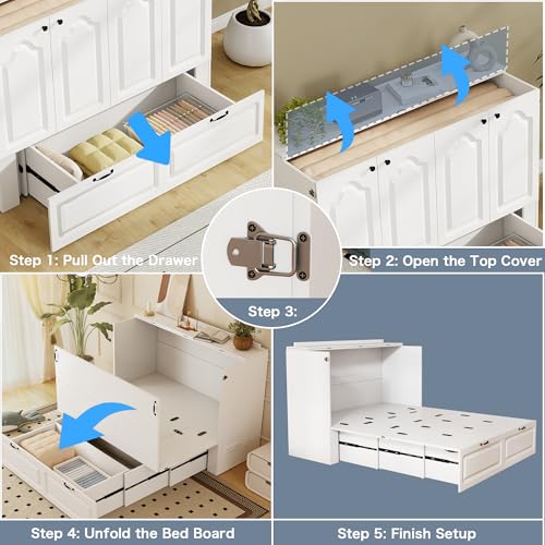 Jotirxe Full Size Murphy Bed with Storage & Charging Station, Modern Cabinet Bed with Foldable Platform, Hideaway Beds with Drawers for Small Spaces, Office, Guest Room, White Jotirxe