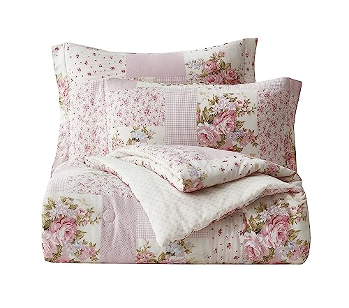 Chezmoi Collection Rosy 3-Piece Full Size Washed Cotton Comforter Set - Floral Bedding Set Ivory Green Pink Flower Polka Dot Printed Patchwork Reversible Lightweight Comforter for All Season Chezmoi Collection