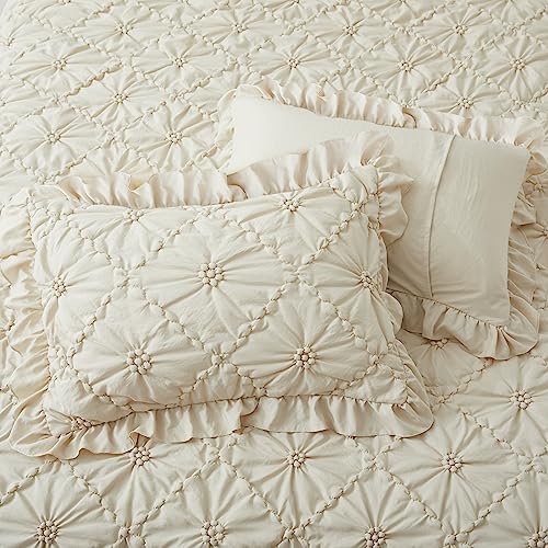 BEDAZZLED King Size Comforter Sets, Beige Bedding Comforter Set, 3 Pieces Pinch Pleat Bedding Sets with Comforter and Pillowcases Soft Farmhouse Shabby Chic Comforter for All Season BEDAZZLED