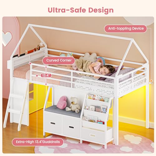 ADORNEVE Low Loft Bed Twin Size with Bookshelf, Reading Nook, LED Kids Loft Bed with 3 Drawers, Under-Bed Play Space, House Loft Beds with Safety Guardrail, Inclined Ladde & Play Curtain, White ADORNEVE