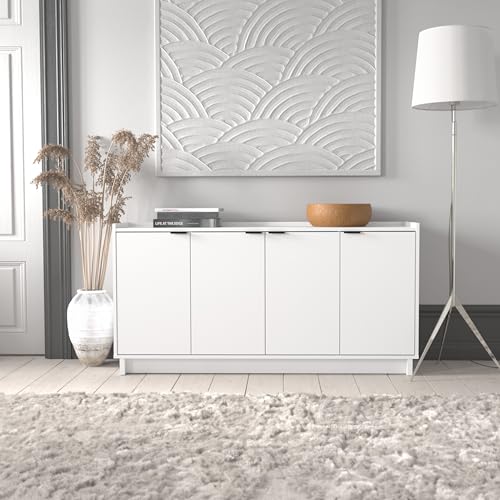 Prepac Simply Modern 4-Door Console Table with Versatile Storage in White Prepac