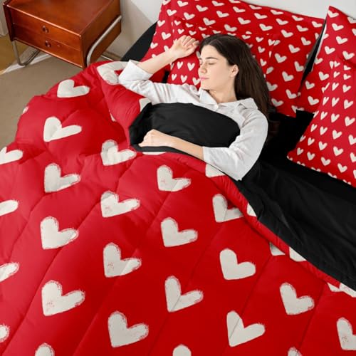 Erosebridal Red White 7 Pcs Comforter Set Twin Cute Heart Pattern Bed in a Bag for Kids Boys Girls Valentine Day Quilt Cartoon Love Geometric Sheet Set Love Heart Soft Warm Bedding Set Bedroom Decor Erosebridal