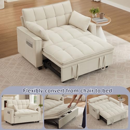 Portaforta Sleeper Sofa with Pull Out Couch Bed, 48" Convertible Pull-Out Sofa Bed Chair, 3-in-1 Futon Couch with Reclining Backrest and Side Pockets for Living Room Bedroom Apartment, Beige Portaforta