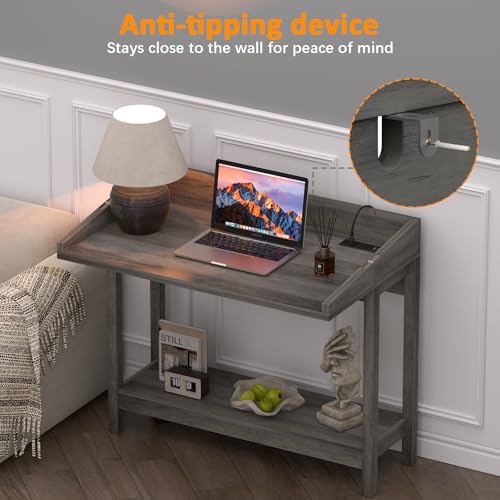 REDAYFUR Console Table with Charging Station, 38” Narrow Side Foldable Sofa Table with Shelves, Side Table with Charging, Entryway Table with Anti-Tip Design,Rustic,Rustic Gray REDAYFUR