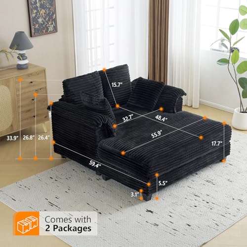 VINGLI 56" Oversized Chaise Lounge Chair, Black Comfy Corduroy Chaise Sofa Recliner Bed Upholstered Sleeper Couch Bed with Throw Pillows and Armrests for Living Room, Movie Room, Bedroom
