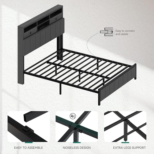 YITAHOME Full Size Bed Frame with Storage Headboard, LED Bed Frame with Drawers and Charging Station, Platform Bed with Sturdy Metal Support, No Box Spring Needed, Grey YITAHOME
