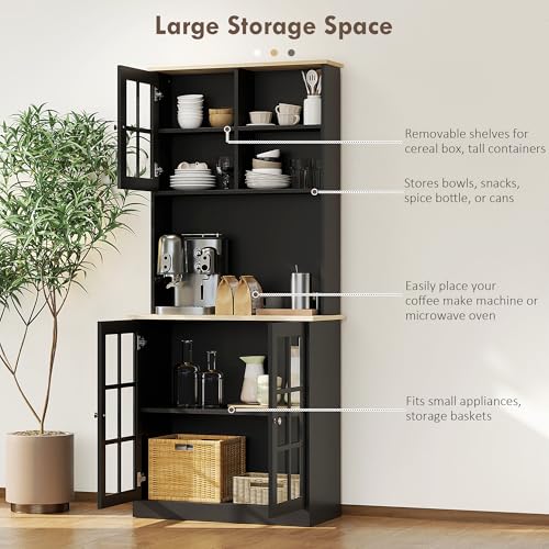 HOMCOM Kitchen Pantry Storage Cabinet, 72" Freestanding Cabinet with Hutch, Large Countertop, Glass Doors and Adjustable Shelves for Dining Room, Black HOMCOM