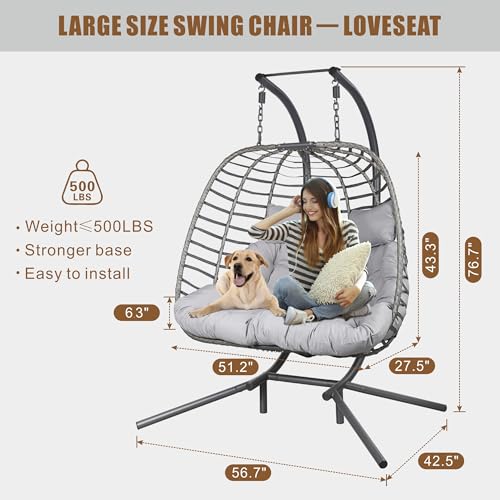 Double Hanging Egg Chair wth Stand, Patio Hammock Swing Chair with Cushion Loveseat for Bedroom, Balcony, Garden, Indoor, Outdoor HWB