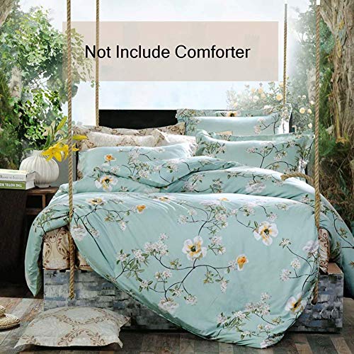 Nanko King Duvet Cover Set 3 Pieces 104X90 Size (1 Duvet Cover + 2 Pillow Shams) - Green Floral Printed -Soft Lightweight Luxury Microfiber - Teal Flower Comforter Cover Nanko