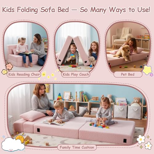Tiita Folding Sofa Bed Floor Mattress for Kids, Toddler Washable Foldable Floor Nap Mat, Child Fold Up Sofa Futon Folding Chair Bed with Storage Bag for Girls Boys, Ball, Plush Pink Tiita