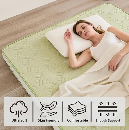 Zelladorra Japanese Floor Mattress, Quilted Futon Mattress with Anti-Slip Bottom, Foldable Floor Bed with Storage Bag and Straps, (Green, Queen) Zelladorra