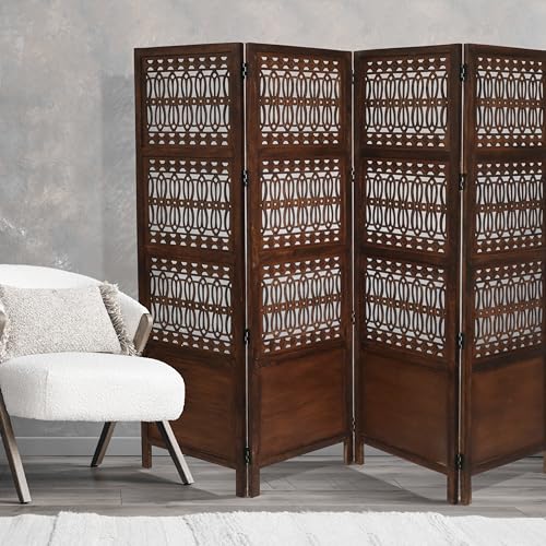 Room Divider Screen, 4-Panel Folding Wood Screen Pattern, Antique Brown, 72 x 80 Inches, Hand Carved Decorative and Functional, Reversible, Portable Privacy Partition, Boho Style – Bedding Craft Bedding Craft