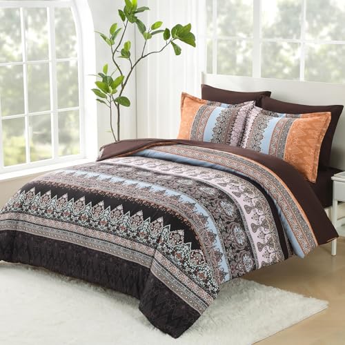 LXWORX Boho Comforter Set Queen - 7 Pieces Bed in a Bag, Bohemian Striped Comforter Set with Sheets, Soft Microfiber Brown Floral Bedding Set for All Season (Brown, Queen) LXWORX