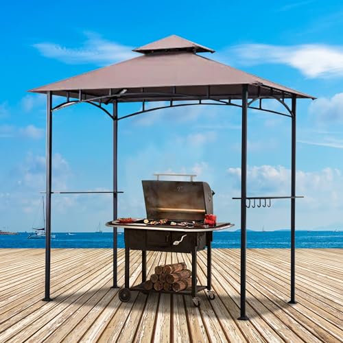 Four Seasons Courtyard BBQ Grill Gazebo with LED Lights, 2 Glass Shelves, and Powder Coated Steel Frame for Backyard Lawn and Outdoor Use, Brown Four Seasons Courtyard