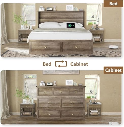 AMERLIFE Queen Size Murphy Bed, Farmhouse Wooden Cabinet with Charging Station and Storage Drawer for Bedroom/Office/Guest Room, Grey Oak AMERLIFE