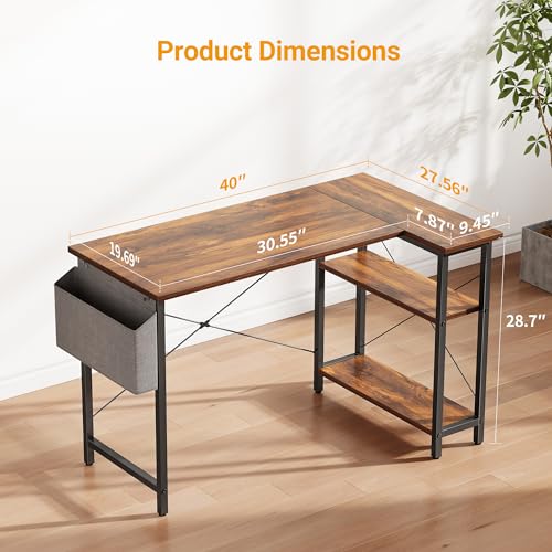 CubiCubi L Shaped Desk, 40" Computer Desk with Reversible Storage Shelves Home Office Corner Desk Study Writing Gaming Table, Brown CubiCubi