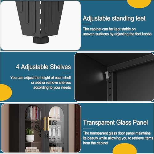 GAIOUS Metal Storage Cabinet with 2 Glass Doors, 71" Tall Lockable Cabinet with Adjustable Shelves, Black Steel Versatile Storage Cabinets for Home Office Garage Gym School GAIOUS