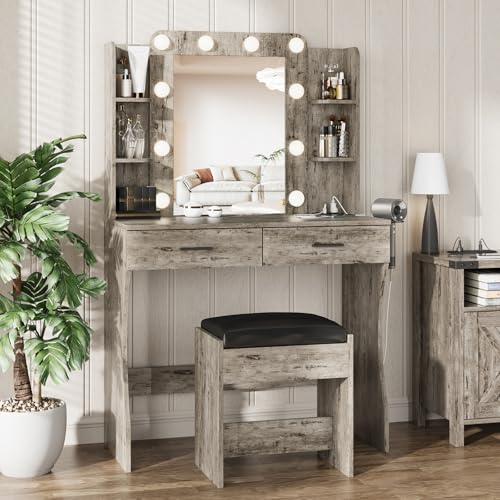 Vabches Vanity Desk with Mirror and Lights,Makeup Vanity Table with Charging Station,2 Drawer Bedroom Dressing Table with 3 Colors Modes Dimming & Cushioned Stool,Light Rustic Oak Vabches